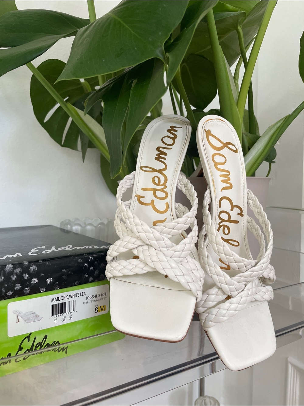 Sam Edelman White Braided Leather Square Toe Slide Mules